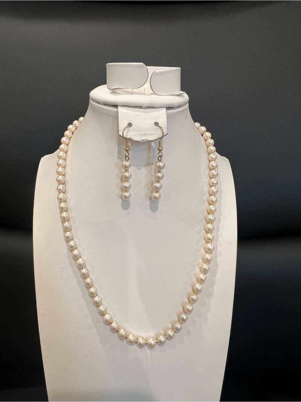 Handmade Artisan Classic White Glass Pearl Necklace and Drop Earrings Set